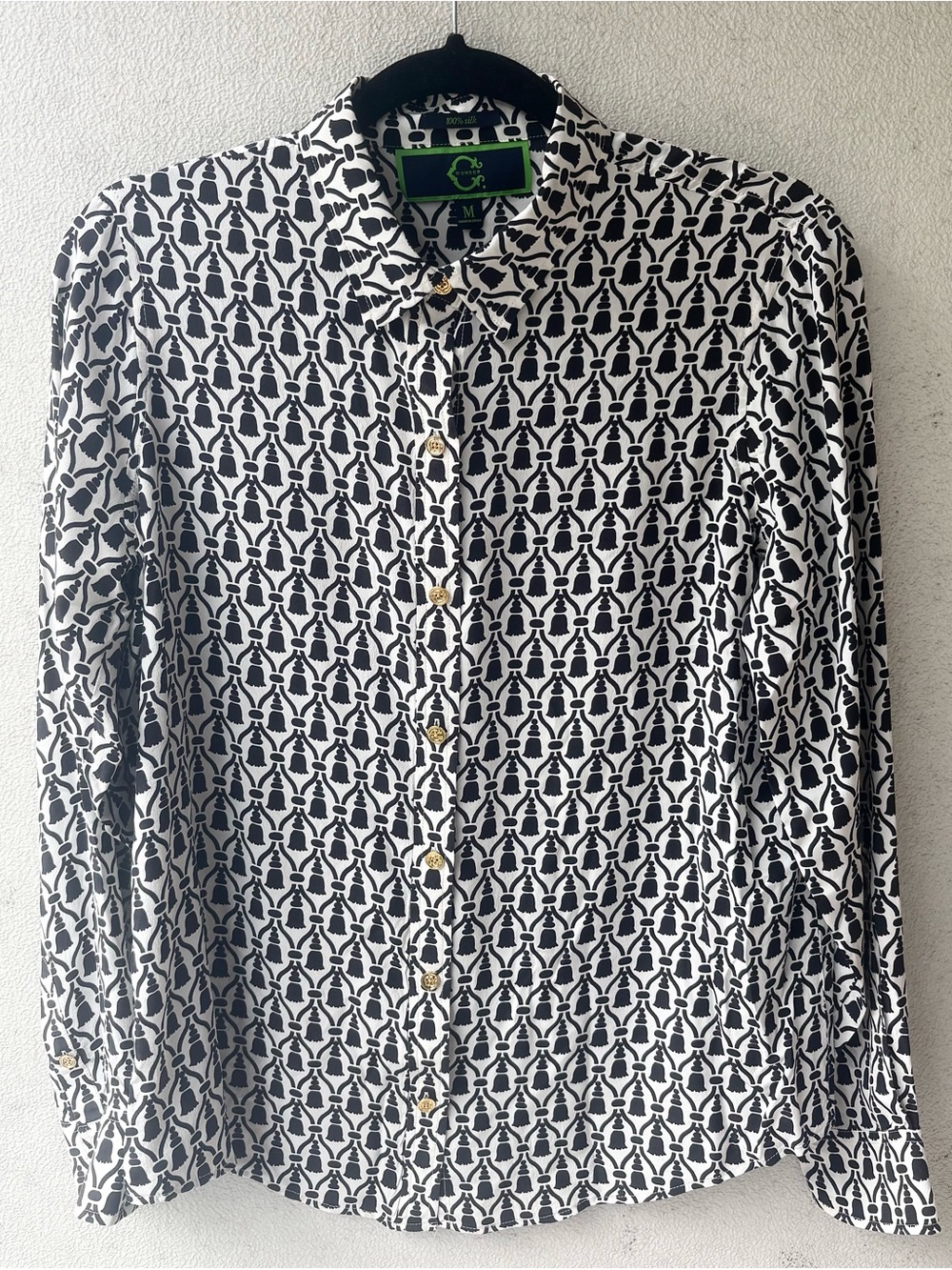 C. Wonder 100% Silk Tassel Print Blouse M Gold Crest Buttons Preppy